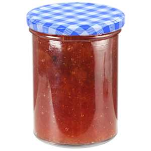 vidaXL Stekleni kozarci z belimi in modrimi pokrovi 48 kosov 400 ml