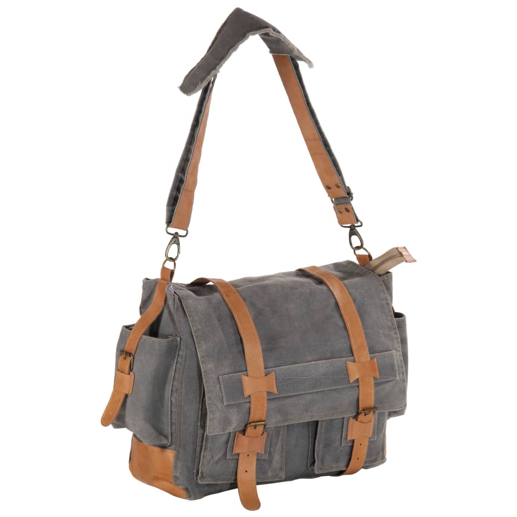 vidaXL Shoulder Bag Dark Grey 42x13x34.5 cm Canvas and Real Leather