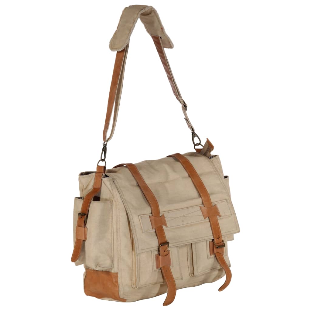 vidaXL Shoulder Bag Beige 42x13x34.5 cm Canvas and Real Leather