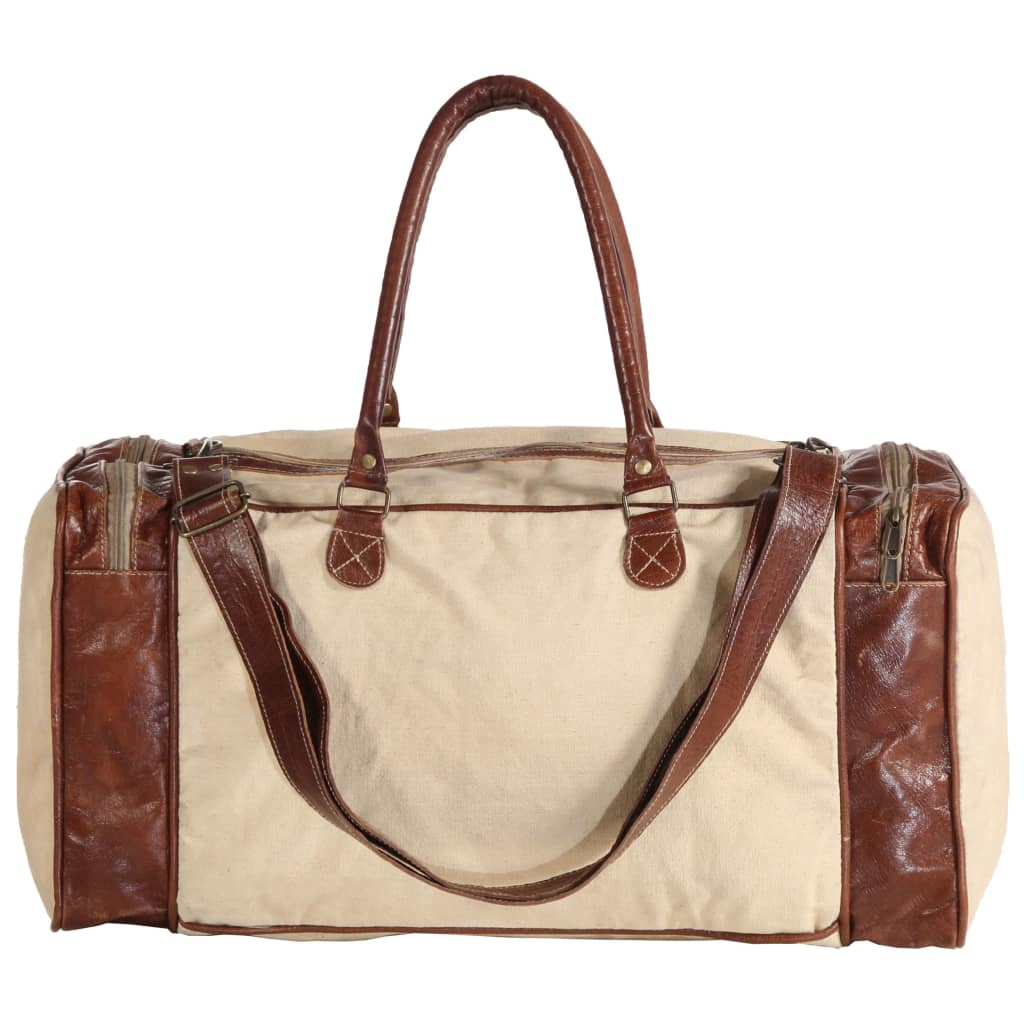 vidaXL Bolsa de viaje beige 54x23x52 cm lona y cuero auténtico