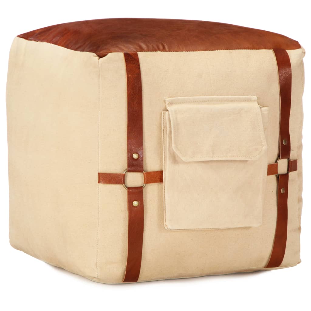 vidaXL Poef 40x40x40 cm katoen canvas en leer zandkleurig vidaXL Poef 40x40x40 cm katoen canvas en leer zandkleurig