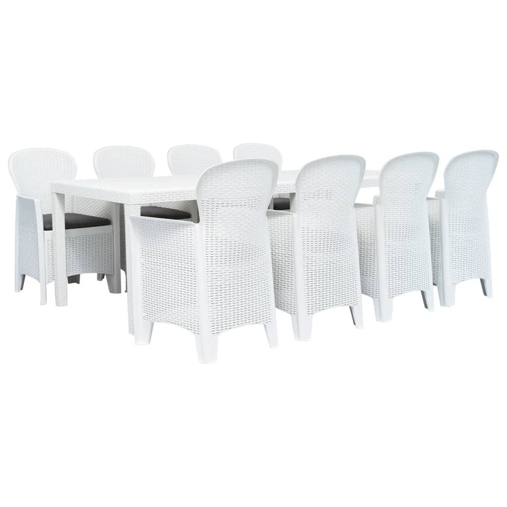 vidaXL Set mobilier de exterior, 9 piese, alb, plastic, aspect ratan