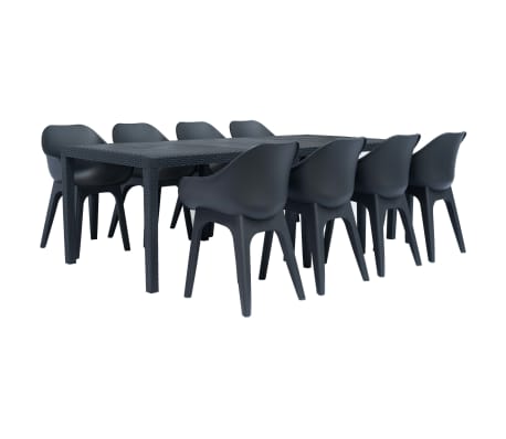 Ensemble Salon De Jardin 9 Pièces En Résine Tressée Noir - Table Et 8 Chaises Avec Coussins, Parfait Terrasse