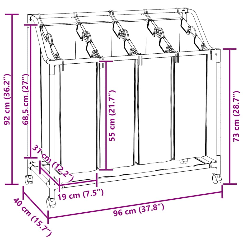 Koš za sortiranje perila s 4 vrečami krem jeklo - slika 13