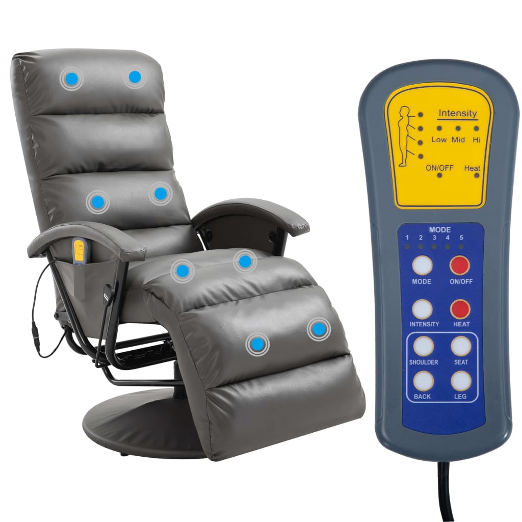 vidaXL Cadeira de massagens reclinável em couro artificial cinzento