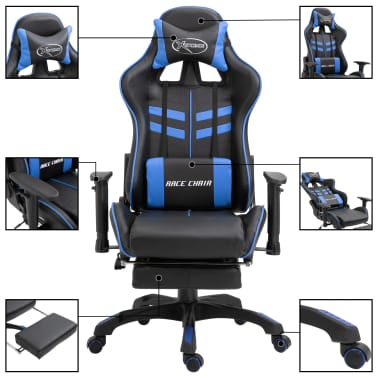 vidaXL Cadeira de gaming c/ apoio pés couro artificial azul[3/11]