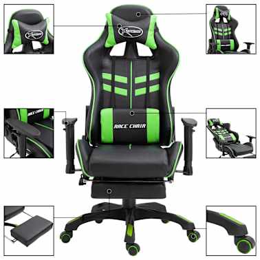 vidaXL Cadeira de gaming c/ apoio pés couro artificial verde[3/11]