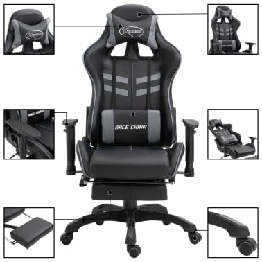 vidaXL Cadeira de gaming c/ apoio pés couro artificial cinzento[3/11]