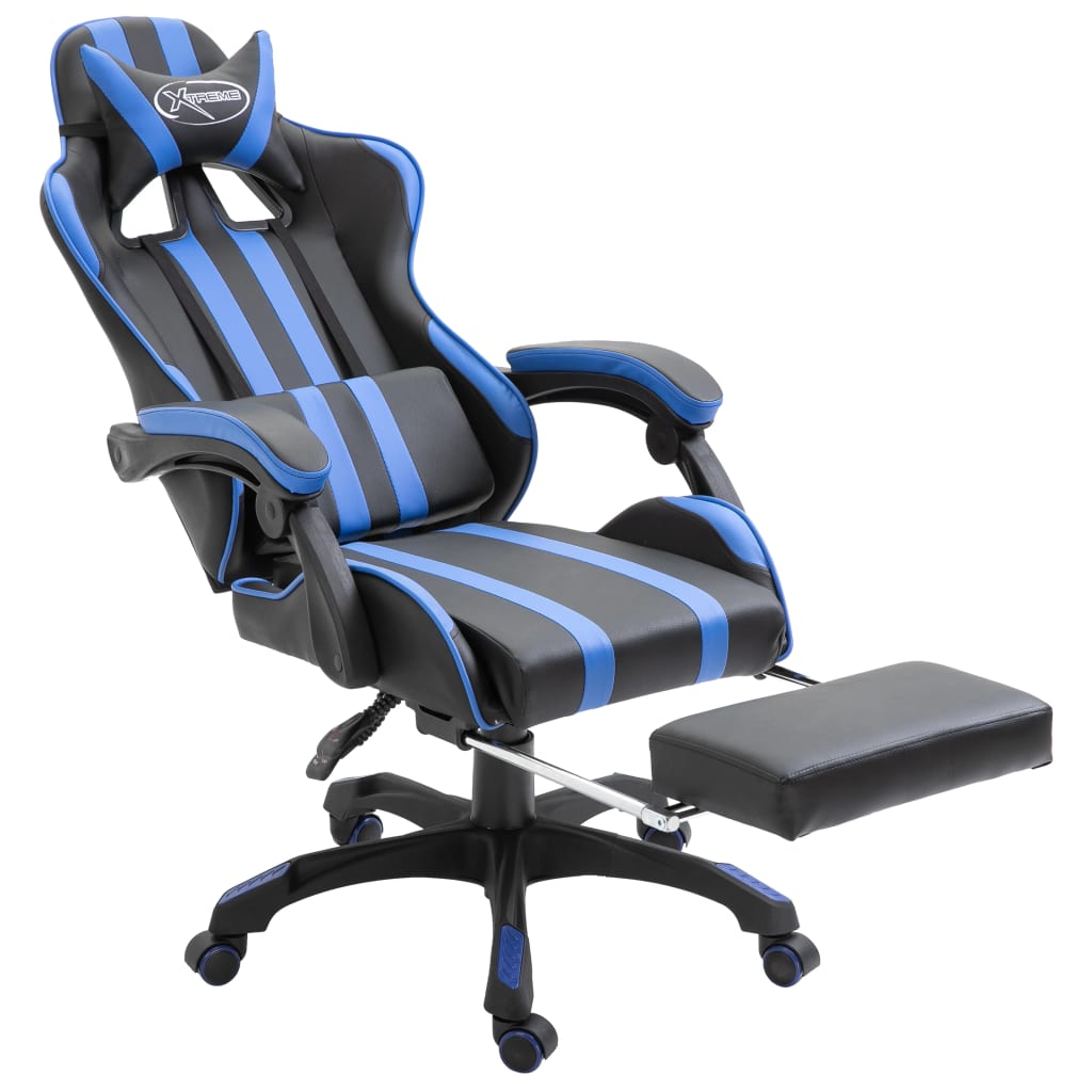 vidaXL Геймърски стол с подложка за крака, синьо, изкуствена кожа