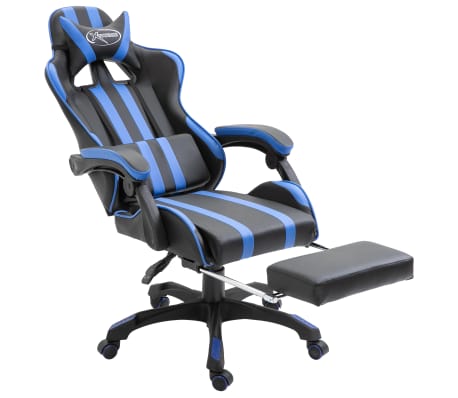 vidaXL Cadeira de gaming c/ apoio pés couro artificial azul
