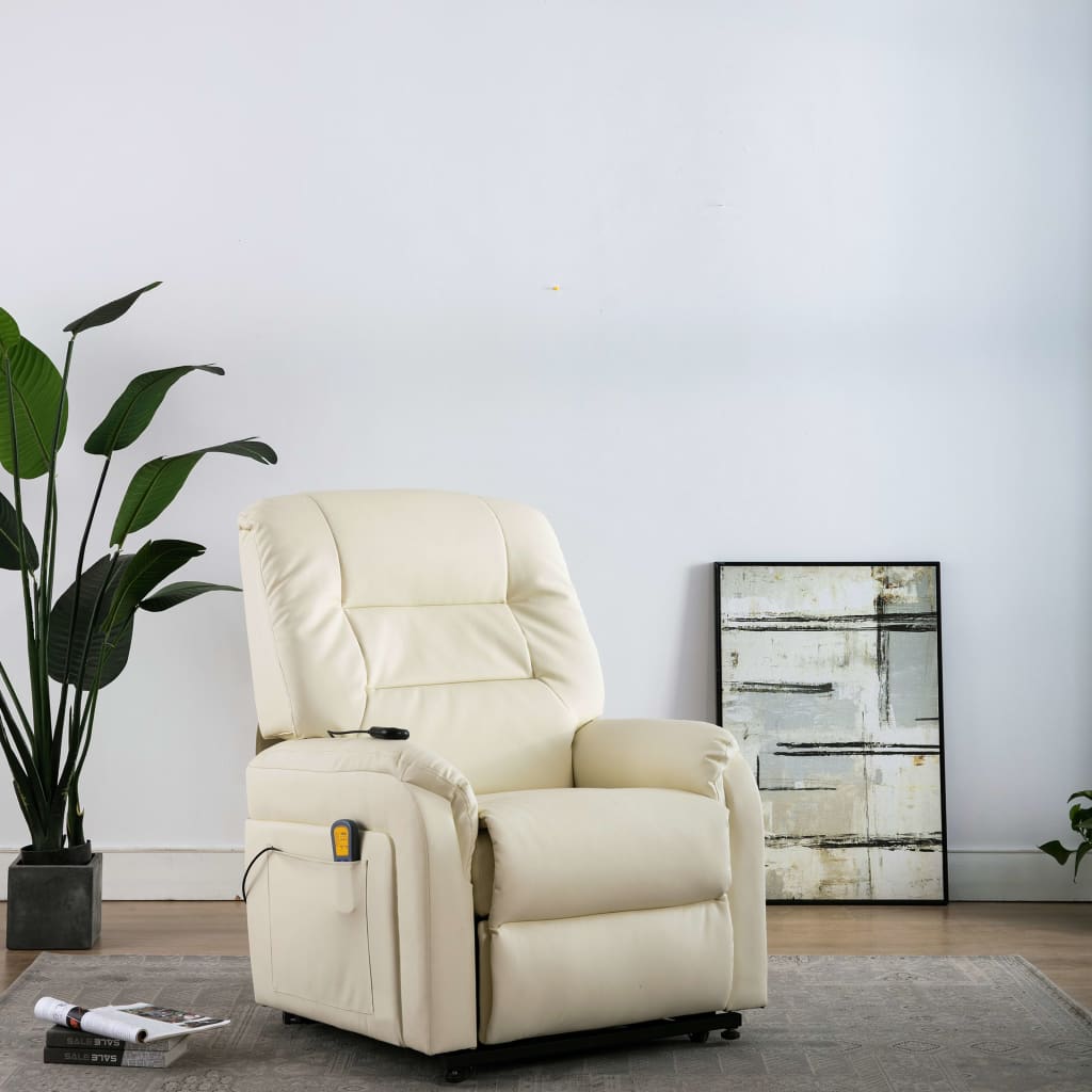 vidaXL Električni dvižni masažni TV fotelj krem umetno usnje
