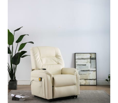 vidaXL Električni dvižni masažni TV fotelj krem umetno usnje