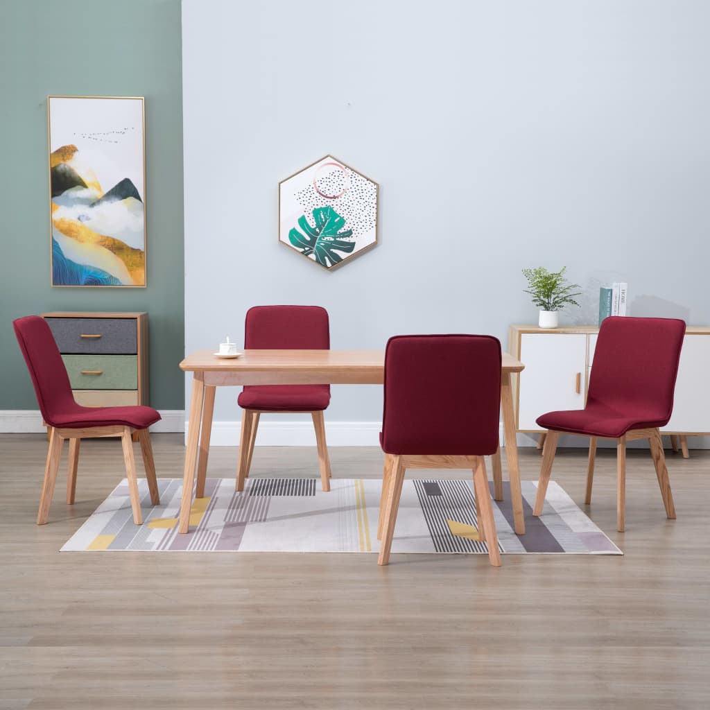 vidaXL Scaune de bucătărie, 4 buc, roșu, textil & lemn de stejar masiv vidaXL imagine noua 2022