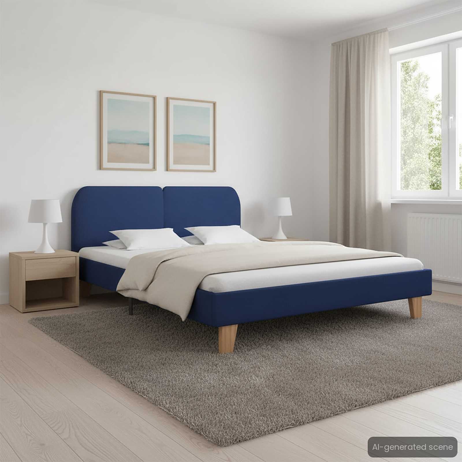 Blue fabric bed frame with wooden legs, front view in a bedroom setting.