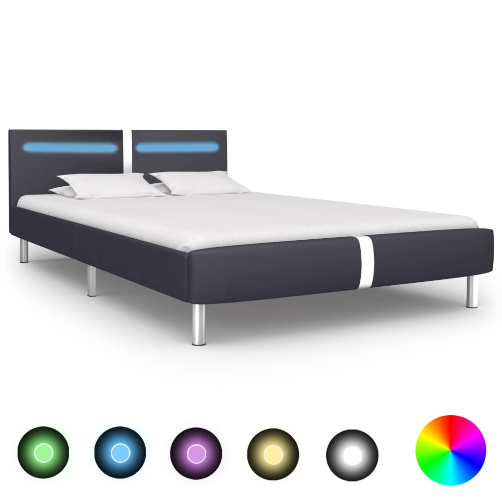 Bed Frame with LED Black Faux Leather Queen