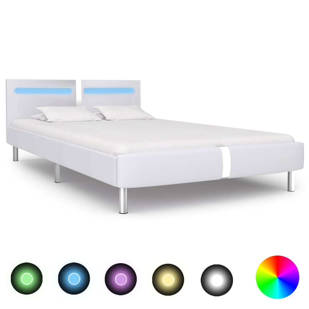 Bed Frame with LED White Faux Leather Double