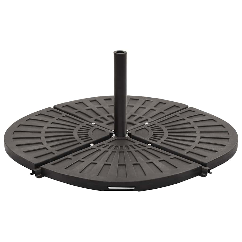 Black fan-shaped umbrella weight plates, circular base with central pole, front view on a white background.