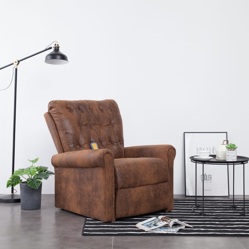 vidaXL Rozkładany fotel masujący, brązowy, sztuczny zamsz