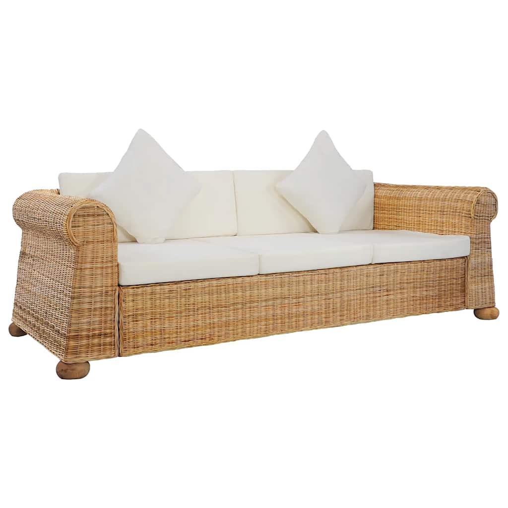 vidaXL Canapea de 3 locuri cu perne, natural, ratan