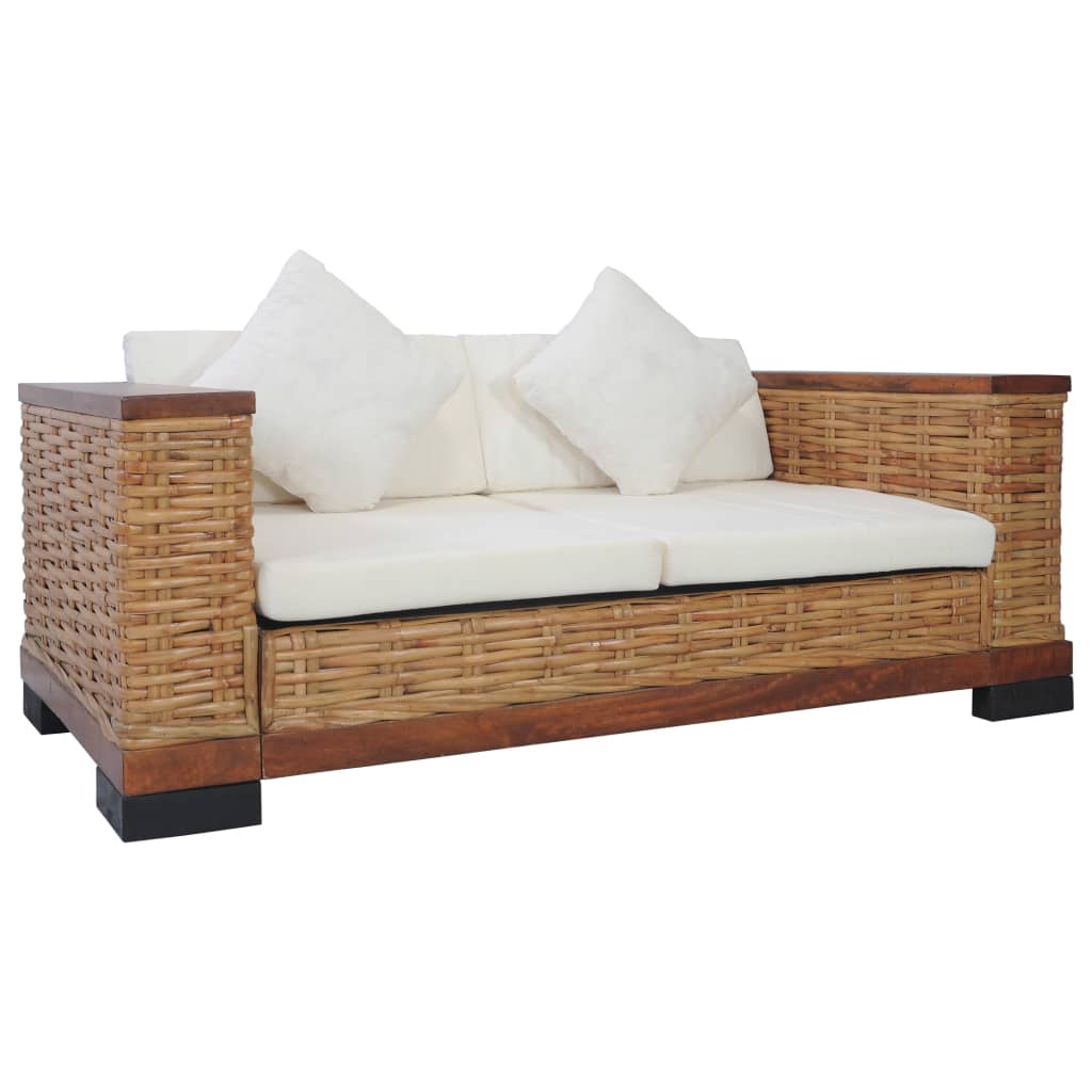 2-Sitzer-Sofa mit Auflagen Braun Natur Rattan | Stepinfit