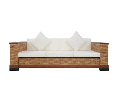 vidaXL Sof&aacute; de 3 plazas con cojines rat&aacute;n natural marr&oacute;n