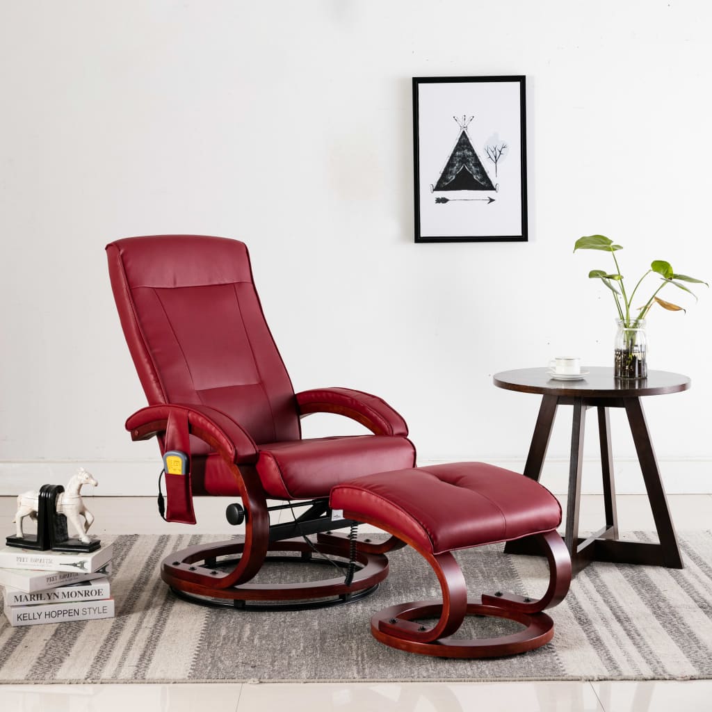 vidaXL Fotoliu masaj rabatabil cu taburet, roșu vin, piele ecologică vidaXL imagine noua 2022