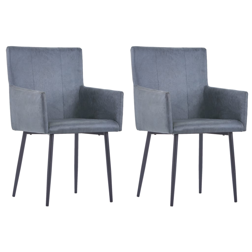 Dining Chairs with Armrests 2 Piece Grey Faux Suede Leather