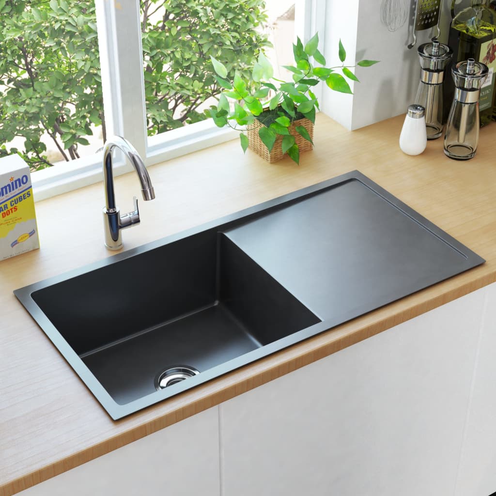 vidaXL Chiuvetă bucătărie lucrată manual cu sită negru oțel inoxidabil imagine vidaxl.ro