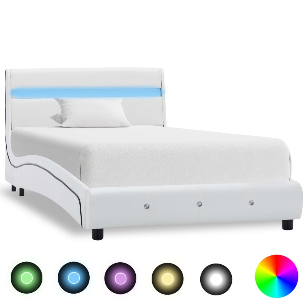 vidaXL Cadru de pat cu LED, alb, 90 x 200 cm, piele ecologică poza 2021 vidaXL