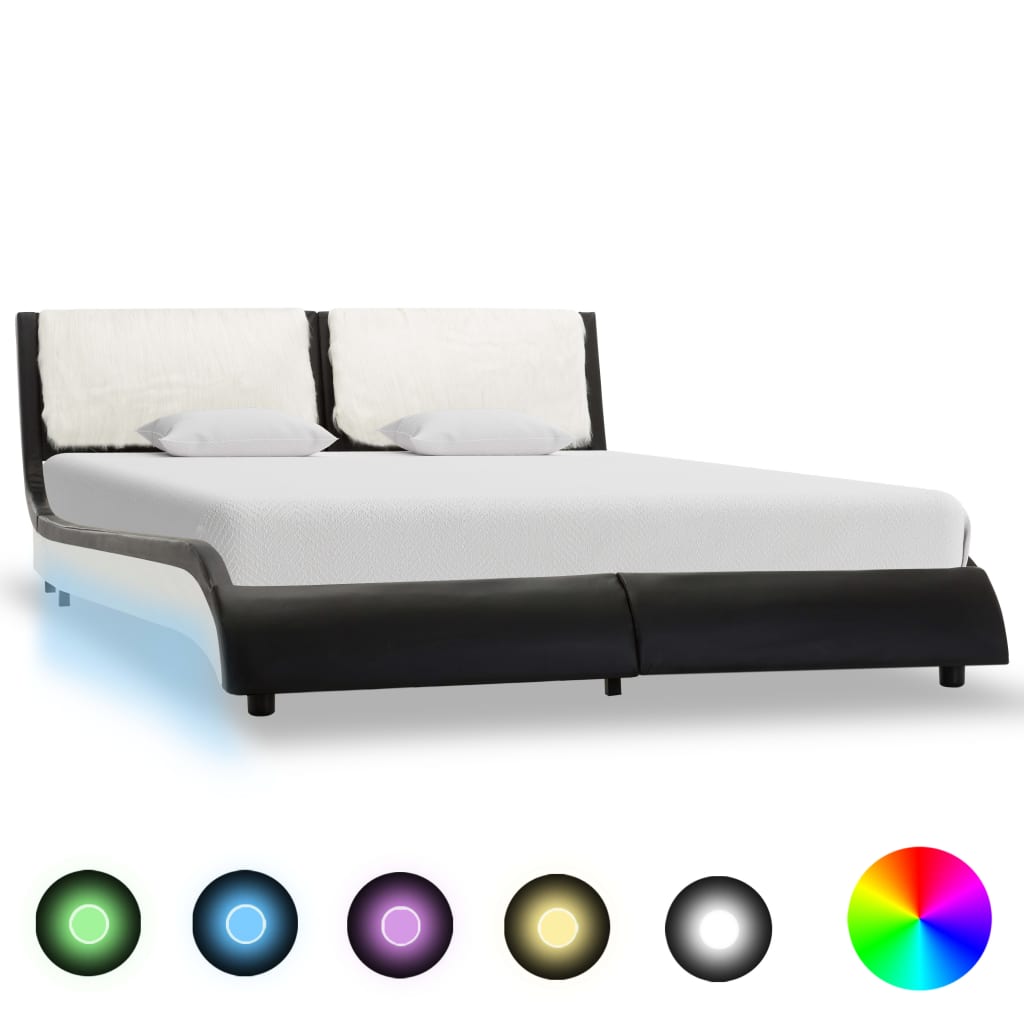 vidaXL Cadru de pat cu LED, negru și alb, 140×200 cm, piele ecologică vidaXL imagine 2022