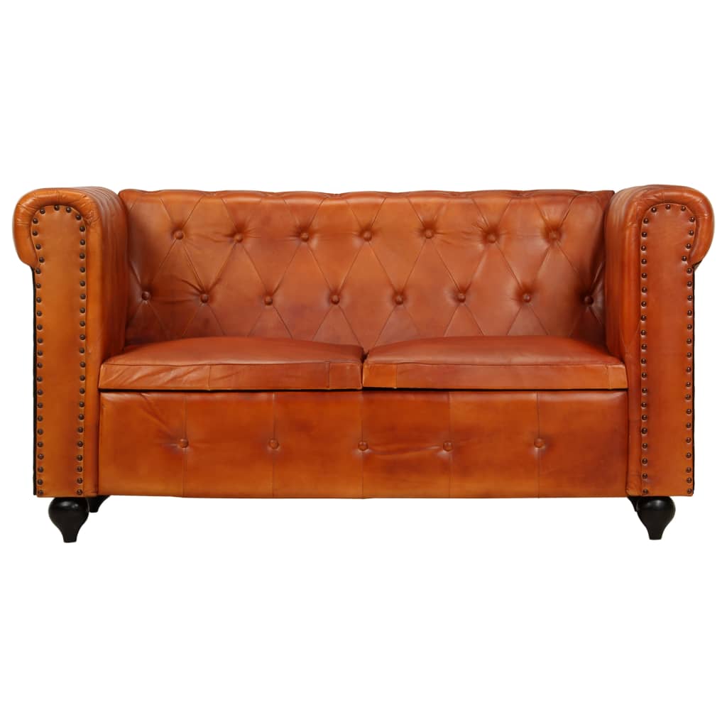 vidaXL divvietīgs Chesterfield dīvāns, dzeltenbrūna dabīgā āda