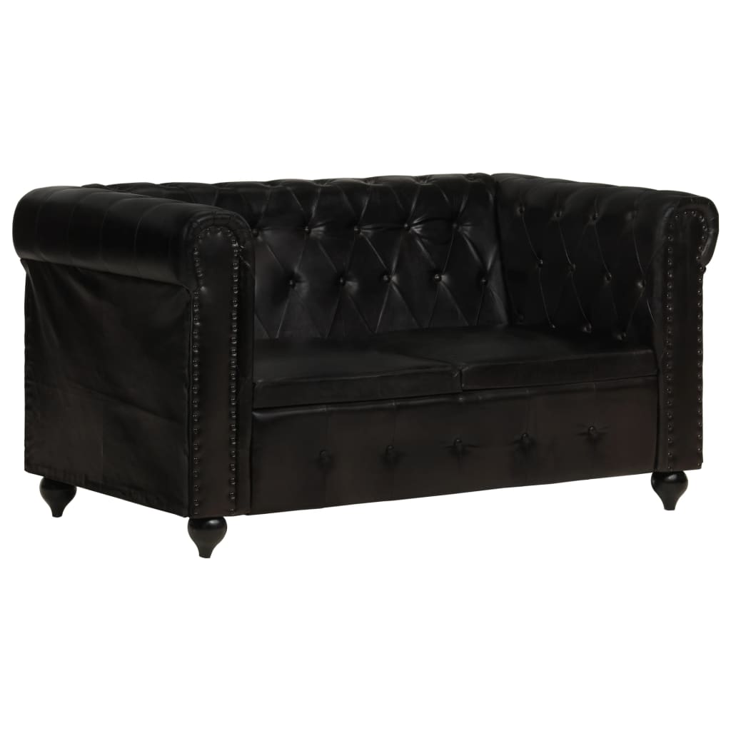 vidaXL Chesterfield-Sofa 2-Sitzer Schwarz Echtleder