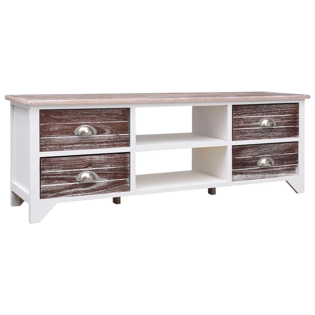 Meuble TV Blanc et marron 115x30x40 cm Bois de Paulownia