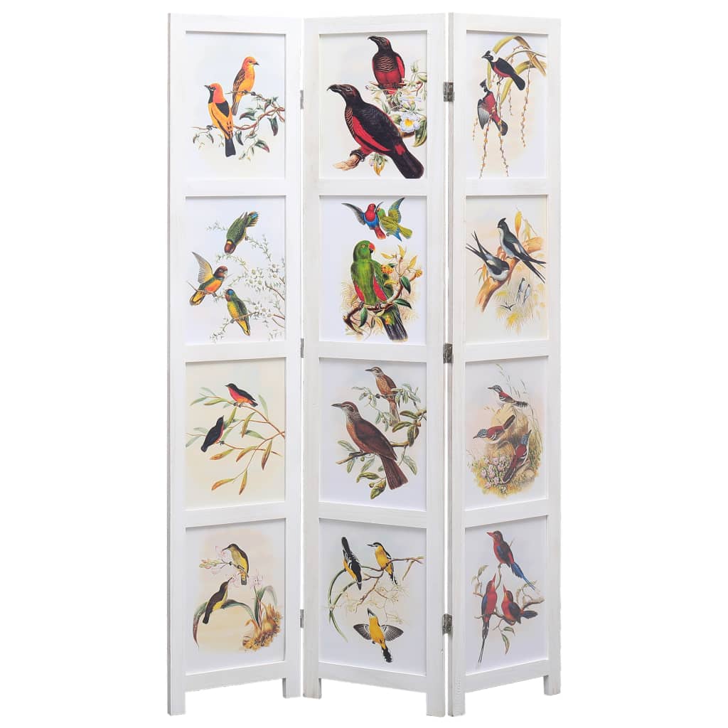 vidaXL Paravan de cameră cu 3 panouri, alb, 105 x 165 cm, păsări vidaXL