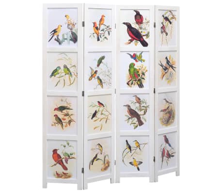 vidaXL Parawan 4-panelowy, biały, 140 x 165 cm, ptaki