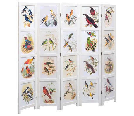 vidaXL 5-Panel Room Divider White 68.9"x65" Bird