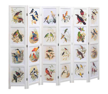 vidaXL Rumsavdelare 6 paneler vit 210x165 cm fåglar