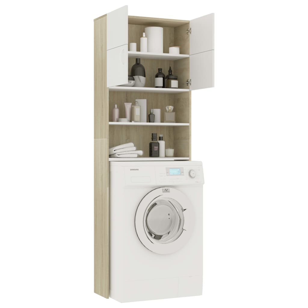Fehér és sonoma-tölgy mosógépszekrény 64 x 25,5 x 190 cm 
