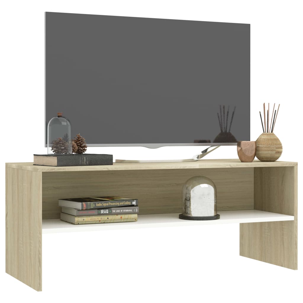 Meuble TV Blanc et chêne sonoma 100 x 40 x 40 cm Aggloméré | meublestv.fr 4