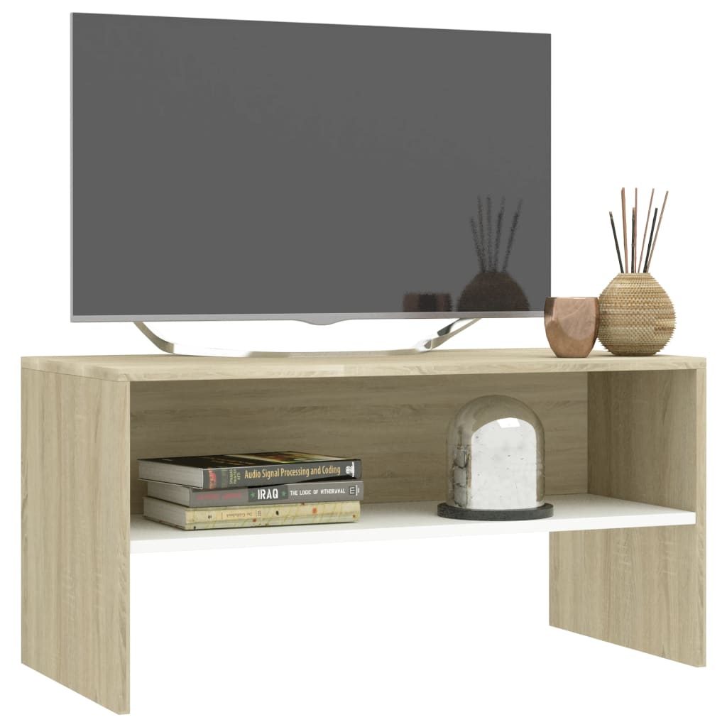 Meuble TV Blanc et chêne sonoma 80 x 40 x 40 cm Aggloméré | meublestv.fr 4