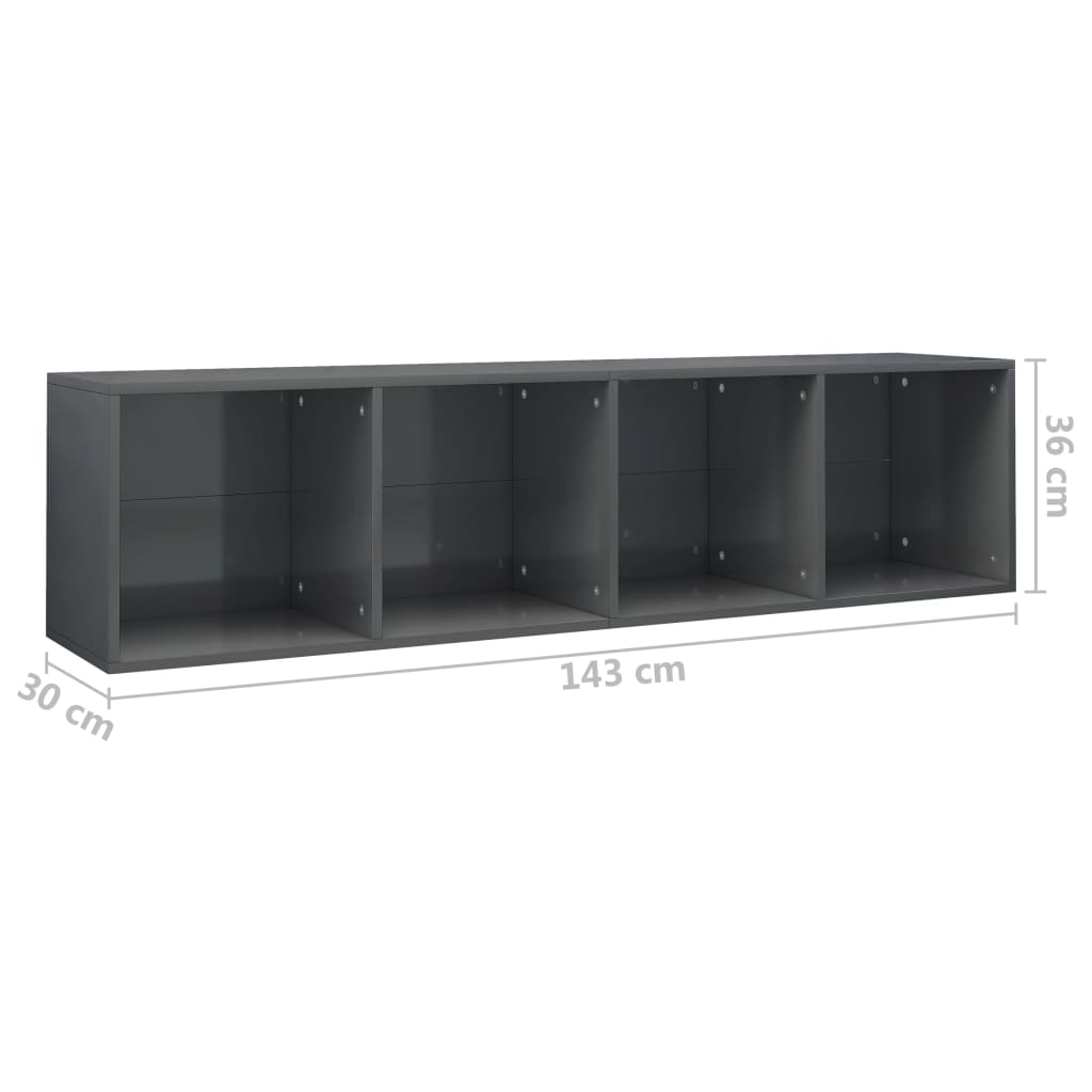 Bibliotecă/Comodă TV, gri extralucios, 36x30x143 cm, PAL