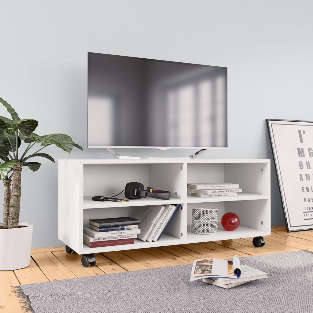 vidaXL Comodă TV cu rotile, alb, 90x35x35, PAL
