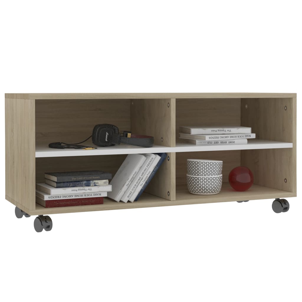 

vidaXL Tv-meubel met wieltjes 90x35x35 cm bewerkt hout wit en sonoma