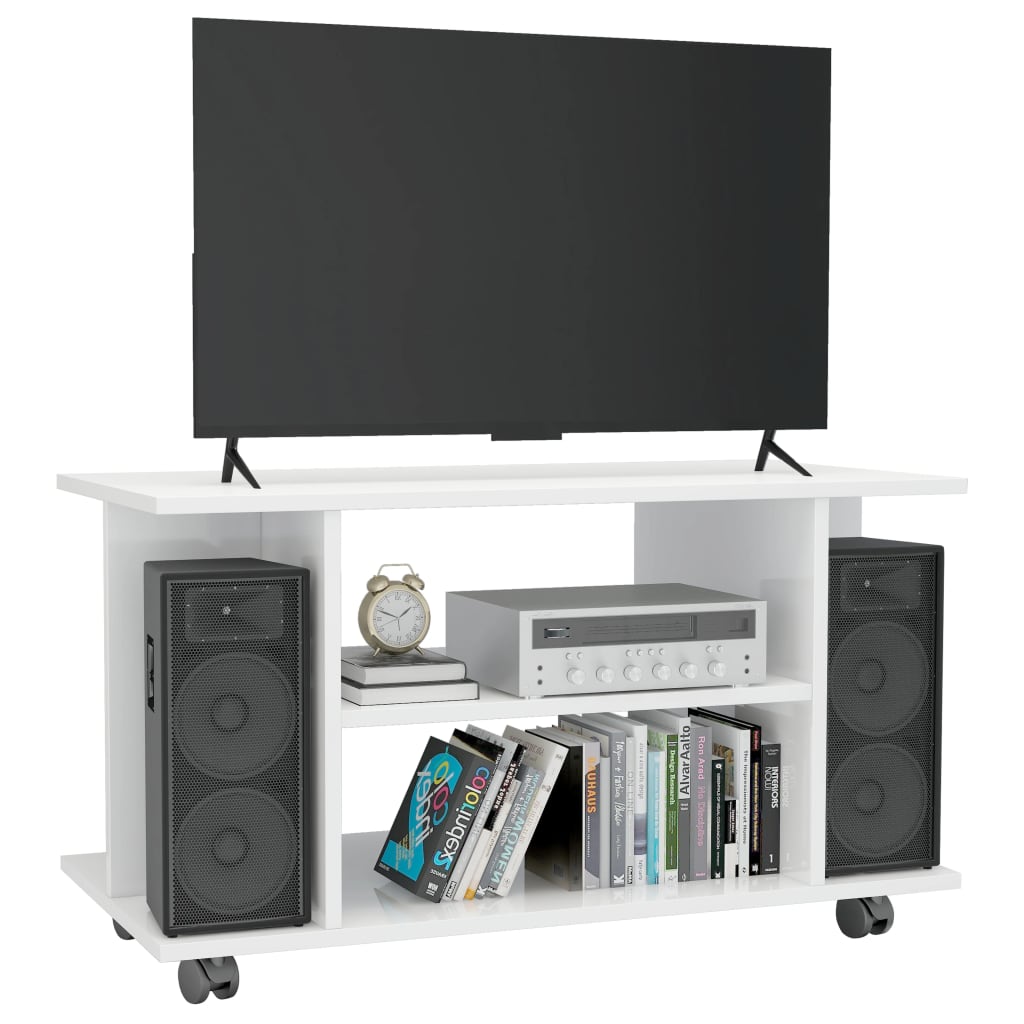 Magasfényű fehér szerelt fa TV-szekrény görgőkkel 80x40x45 cm 