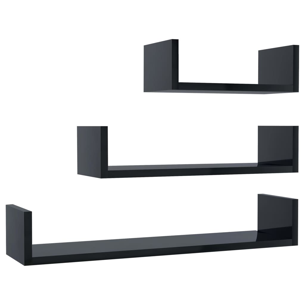Image of vidaXL Wall Display Shelf 3 pcs High Gloss Black Engineered Wood
