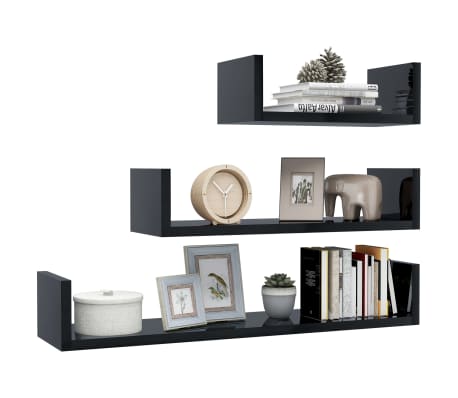 vidaXL Wandschappen 3 st bewerkt hout hoogglans zwart
