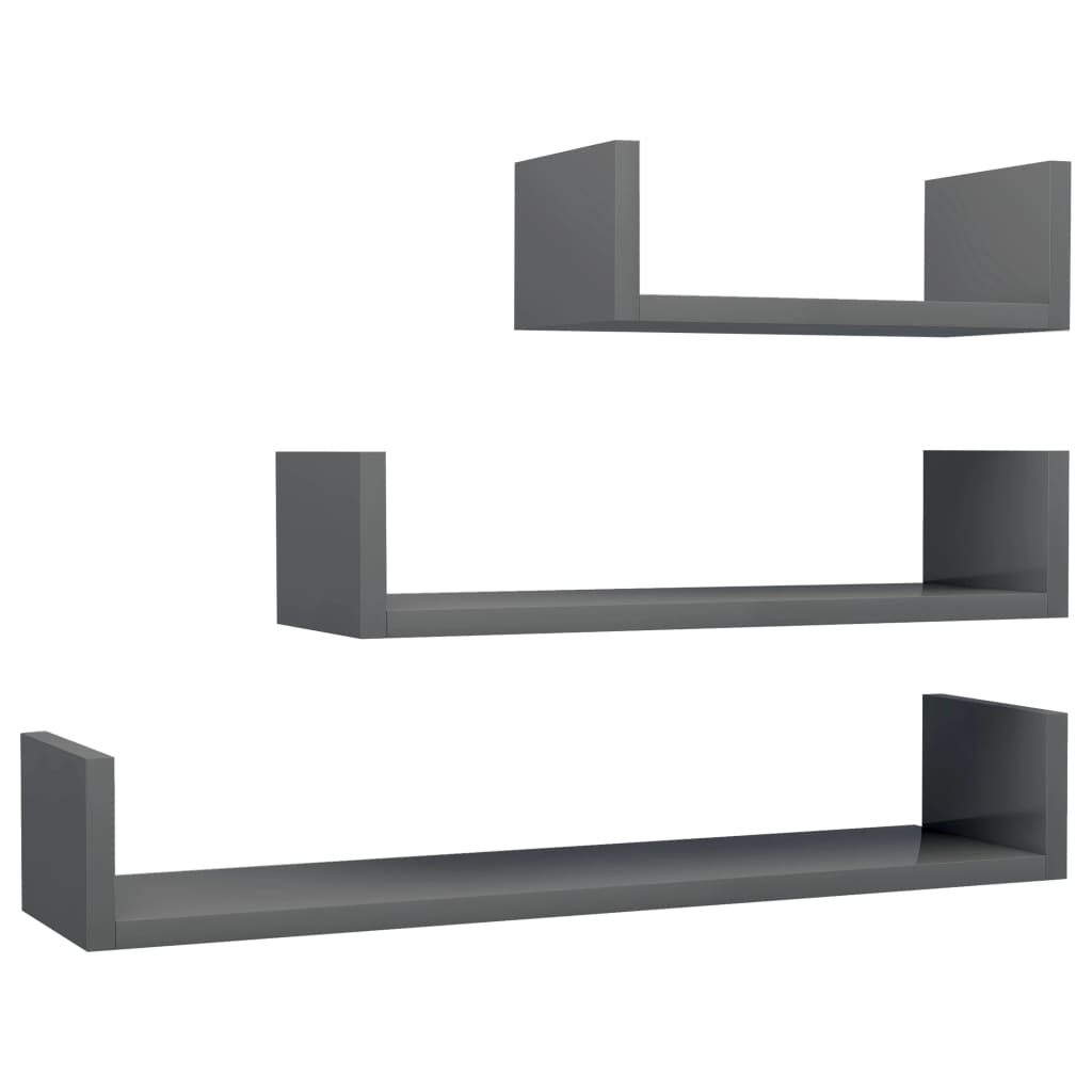 Image of vidaXL Wall Display Shelf 3 pcs High Gloss Grey Engineered Wood