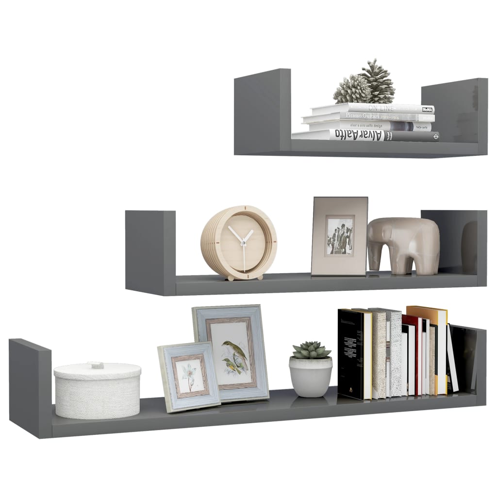 

vidaXL Wandschappen 3 st bewerkt hout hoogglans grijs