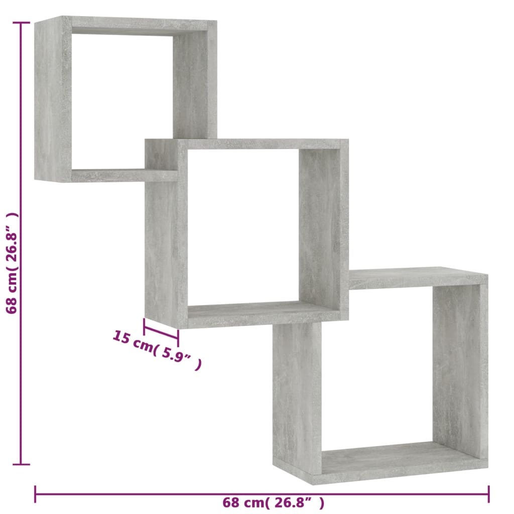 betonszürke kocka alakú forgácslap fali polcok 84,5x15x27 cm