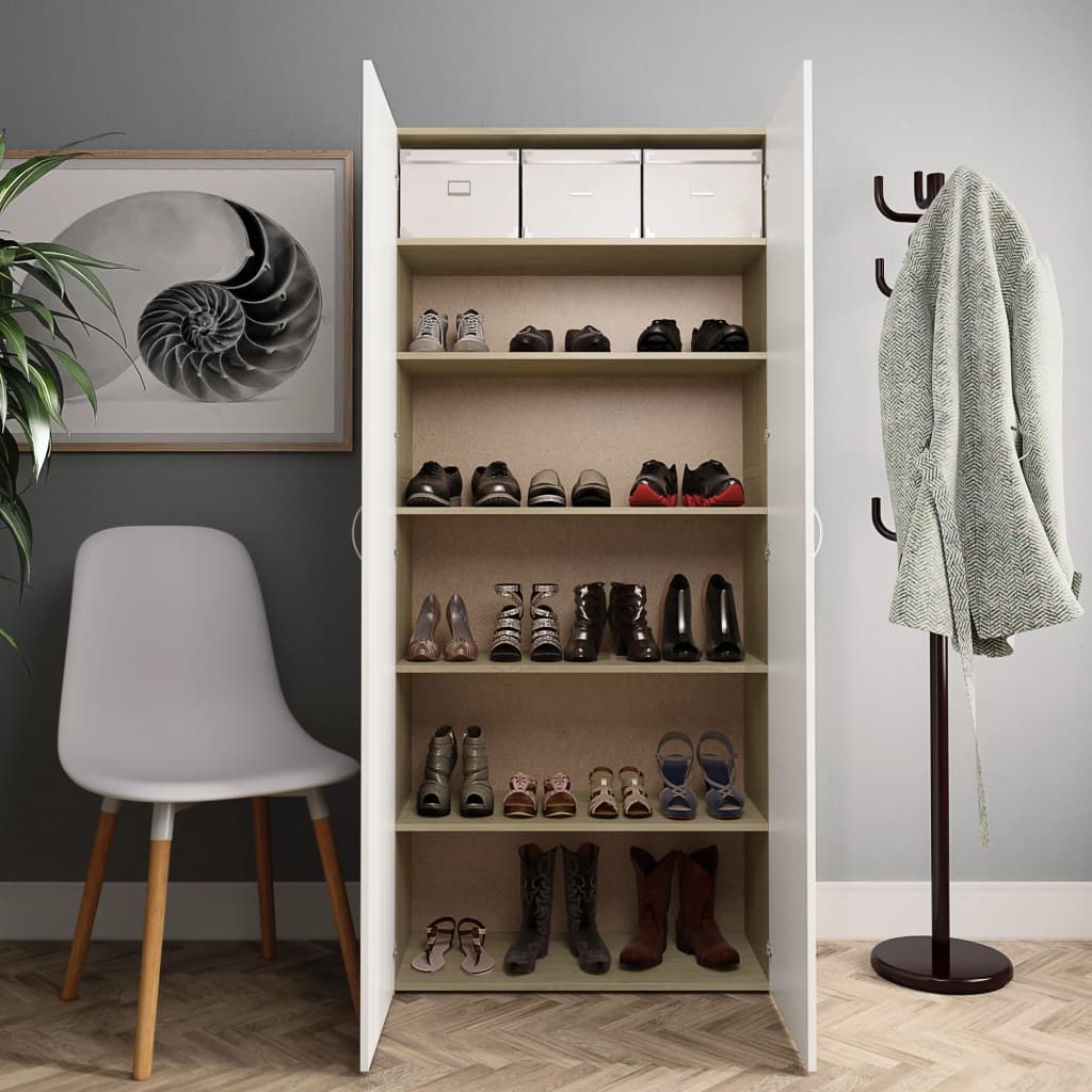 vidaXL Shoe Cabinet White and Sonoma Oak 80x35.5x180 cm Engineered Wood